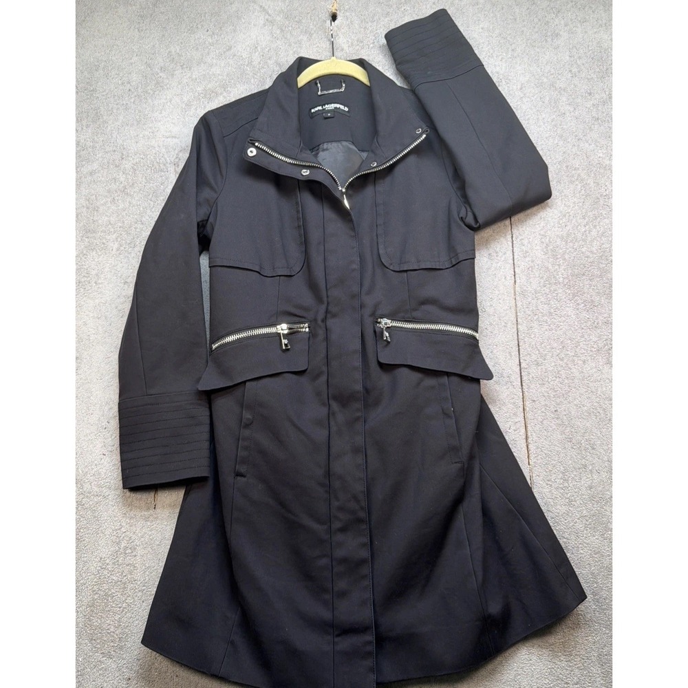 Karl Lagerfeld Jacket Black Utility Long Zip Front Pockets Quilted Lining M